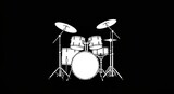 Minimalist white outline illustration of a complete drum set against a solid black background, showcasing a classic musical percussion instrument.