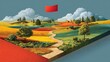 © Areeb - Vibrant, colorful patchwork fields lead to a distant red flag on a clear day, evoking a sense of journey and destination in a stylized landscape.