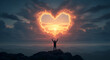© Wiwa10 - A person stands on a mountain, arms raised towards a radiant heart cloud at sunset, symbolizing profound love, hope, and an inspiring spiritual journey.