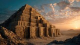 Ancient city of Babylon with Babel tower concept. A stunning view of a pyramid at sunset against a dramatic sky.