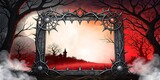 Ornate, spiky metal frame in a dark, misty forest with a red, fiery sky and silhouetted trees and castle.