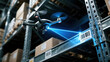 © rungnapha - Autonomous drone scanning barcode warehouse with ai industry workflow, blue laser beam maps shelf inventory, modern logistics technology feels
