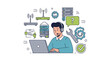© il - IT Support Specialist Working on Laptop with Network and Tech Icons.