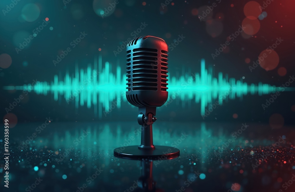 Studio microphone with audio waveform. Digital art concept for music ...