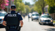 © Maryna - Police officer in tactical vest walks down suburban street past patrol cars. Officer wears cap and duty belt. Sunny day with trees and houses lining road. Security law enforcement.