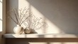© Maryna - Minimalist interior photo with stylish vases and a natural branch. The light creates shadows on the wall, enhancing the clean design. This home decor photo is good for presentations.