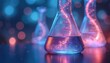© Maryna - Erlenmeyer flasks with DNA strands in lab. Futuristic innovation in chemical science. Blue bokeh background. Modern tech medical research illustration. Genetic helix study in laboratory. Gene test,