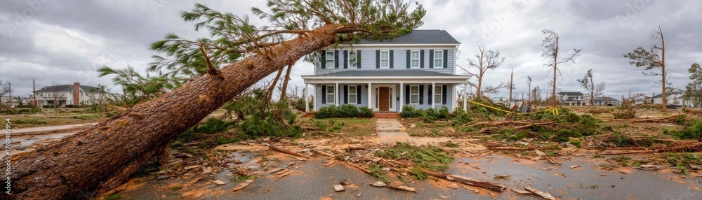 Fallen tree on house roof after hurricane concept. Devastation from a ...