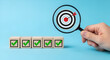 © BAYZID - Magnifying glass over target with checkmarks on wooden blocks
