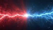 © Maryna - Red and blue lightning bolts clash in abstract space. Energy particles explode at center creating bright burst. Futuristic sci-fi background for tech or competition themes.