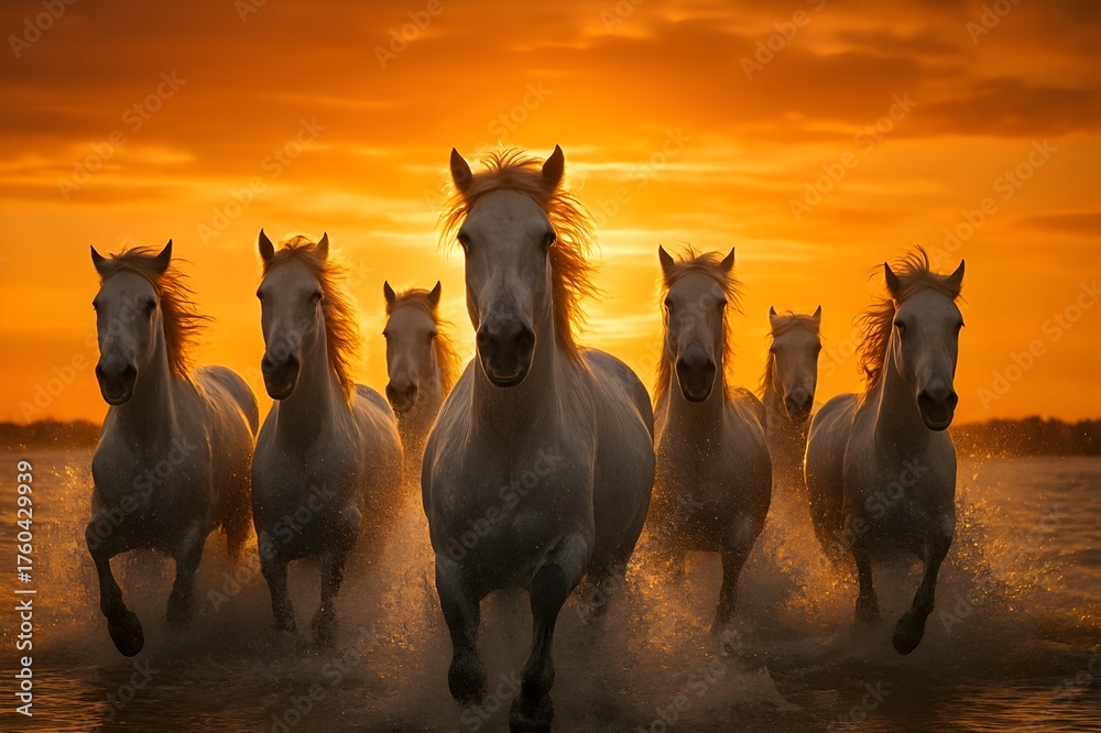 Seven majestic white horses galloping through water at a dramatic sunset