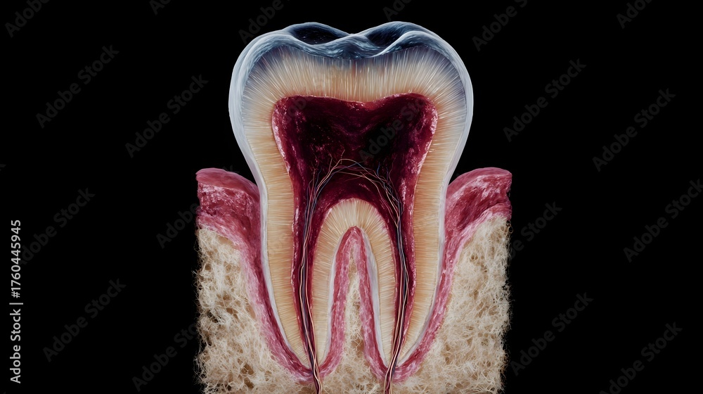 Detailed cross section illust n of a human tooth anatomy showing enamel ...
