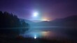 © Asad - Serene night landscape featuring a lake under a full moon, casting a soft glow over the water and surrounding mountains, with a misty atmosphere creating a peaceful and magical ambiance
