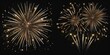 © Ahmad - Two golden firework displays against a black night sky, one a single burst and the other a double burst, with sparkling particles