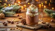 © VisualVault - Warm Festive Cocoa Drink in a Glass Jar with Whipped Cream and Nut Topping on Wooden Table