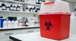 © komal - Red biohazard container with symbol sits on lab bench near scientific equipment and supplies