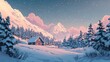 © SilentSmog - A beautiful snowy winter landscape with snow-covered mountains, evergreen trees, and a cozy house nestled in the valley under a starry sky.