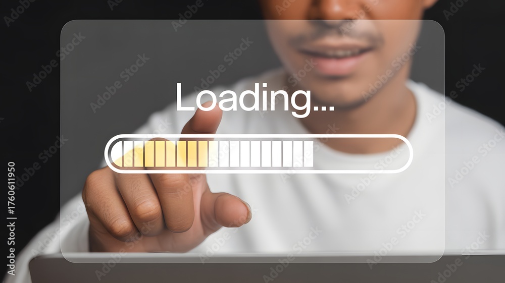 Businessman using laptop with loading bar on virtual screen to install ...