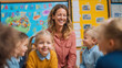 © valeo5 - female teacher smiles warmly while sitting, interacting with group of young preschool children during lesson, story time in classroom. Early childhood education, positive learning, school environment