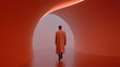 © A2Z AI  - A solitary figure in a long coat walks into an abstract orange space, guided by a curving light. The minimalist scene evokes a sense of journey and introspection. Striking, serene, and modern.