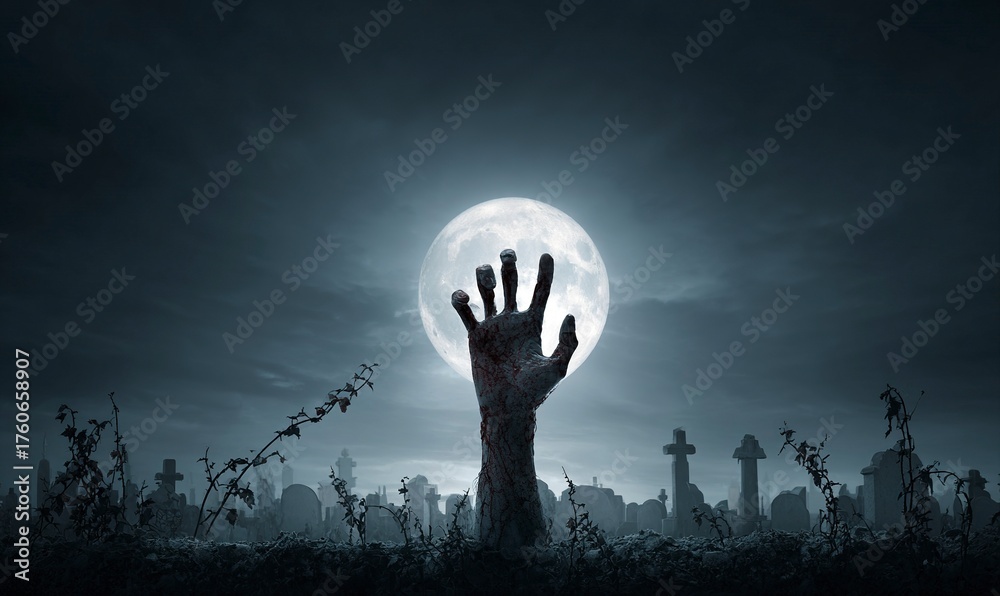 Terrifying zombie hand erupts from dark earth, a chilling symbol of ...