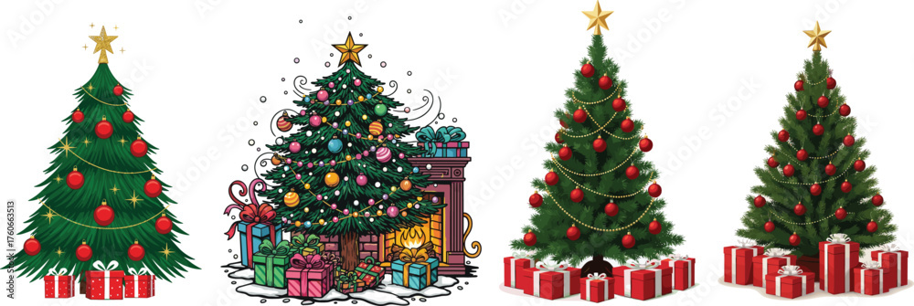 Christmas Tree Vector Collection: Set of Decorated Trees with Gifts ...