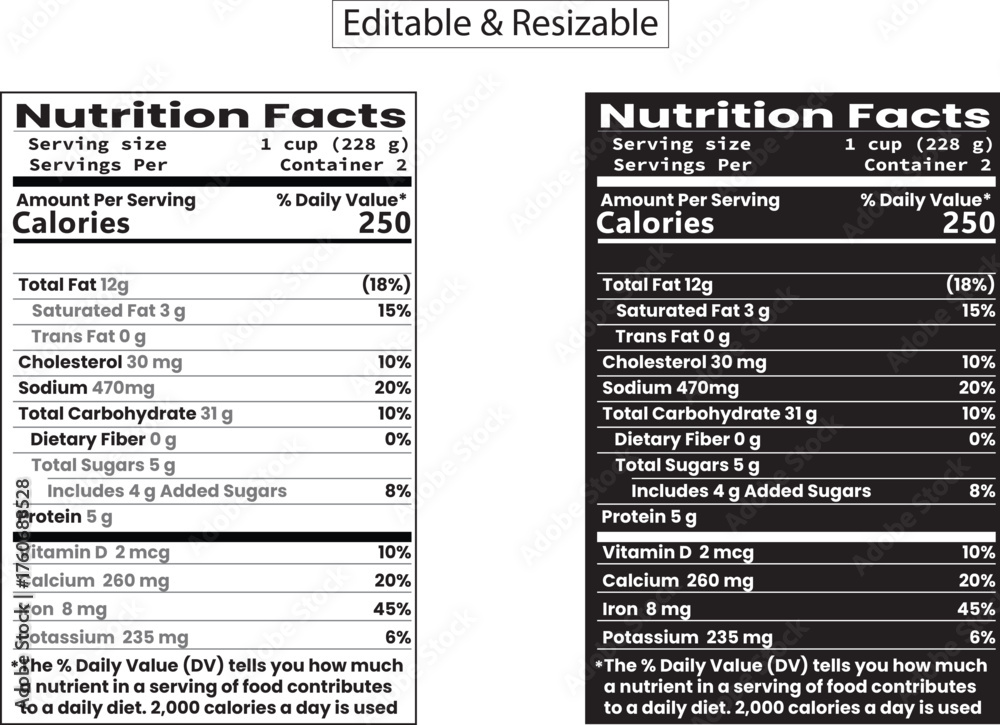 Nutrition facts label examples white and black background for food ...