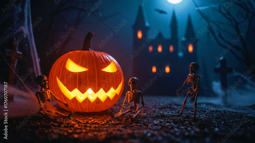 Jack-o-lantern and skeletons in a spooky graveyard scene with a haunted ...