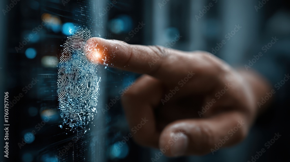 Man's finger touches a glowing fingerprint scan on server rack for ...