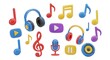 © md - Colorful 3D rendered music and media player icon set with headphones, microphone, speaker, and various musical notes for web and app design