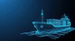 © Eman Suardi - A glowing blue wireframe cargo ship sailing on a digital sea