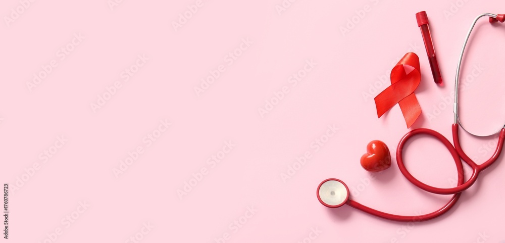 Red ribbon with stethoscope, blood sample and heart on pink background ...