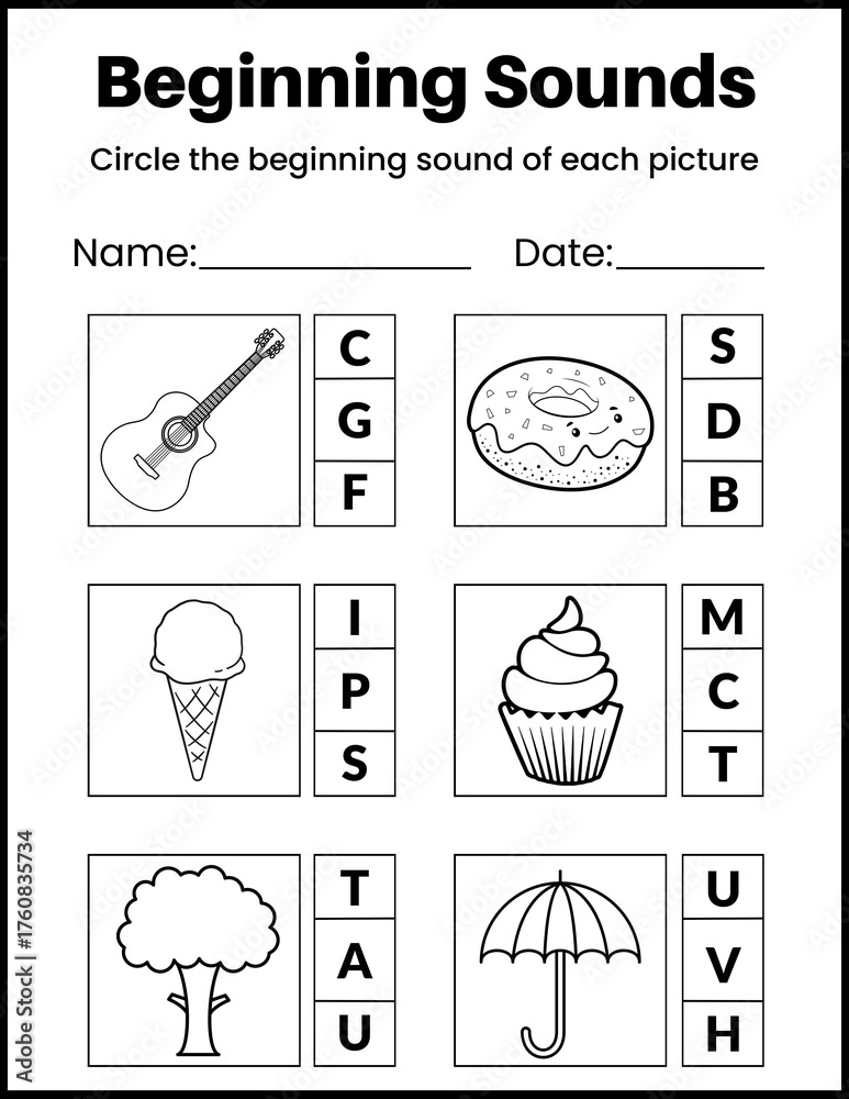Beginning sounds worksheet with images and letter choices for kids to ...