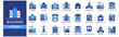 © Pure Pixels - Buildings icon set. Containing design Hospital, School, Skyscraper, Office Building, House. Solid icon collection.