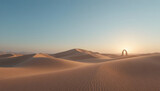 Minimalist desert dunes with ribbon shadows and single geometric stone arch sunrise scene