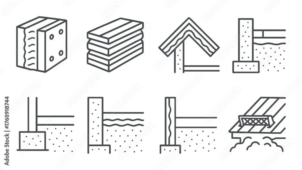 Monochrome construction icons: building elements and structural designs ...