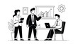 © MdHumayn - Vector art of business meeting with people discussing a graph on a whiteboard, teamwork and strategy in an office setting, illustration