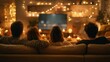 © backup_studio - Three people and a man watch a movie on television in a cozy living room decorated with warm Christmas lights. Home entertainment concept.