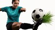 © Vyatcheslav - A powerful female soccer player kicks a football with explosive force. Dynamic athletic action isolated on a white background with copy space