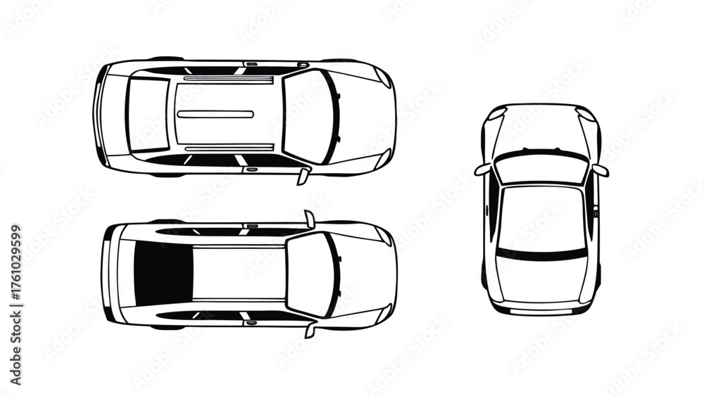 Set of Car Top View CAD Drawings. Silhouette and Outline Vector ...