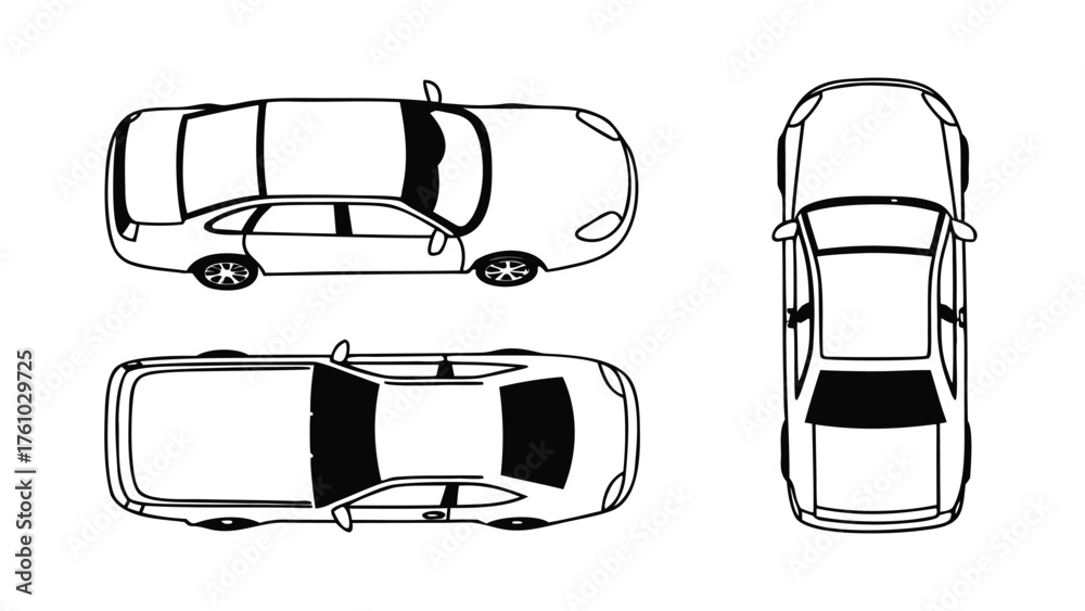 Set of Car Top View CAD Drawings. Silhouette and Outline Vector ...