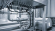 © Aleksandr Matveev - Bottom up view of industrial machine pipes in factory, industrial concept background
