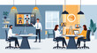 © Buluputih - AI-powered business team in a hybrid office for a video conference, a vector illustration