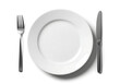 © Toufiqul - Clean white plate with fork and knife on white background