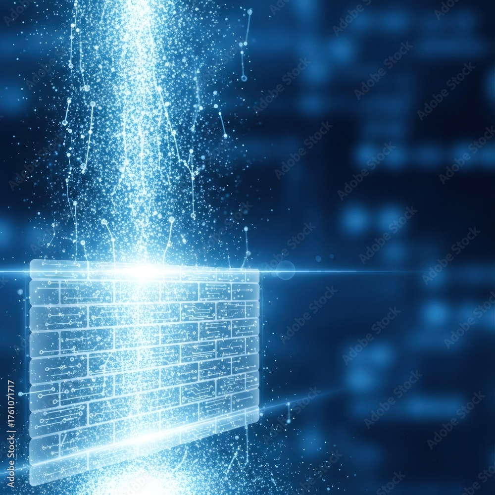 Abstract firewall protecting data. Digital data stream being blocked by ...