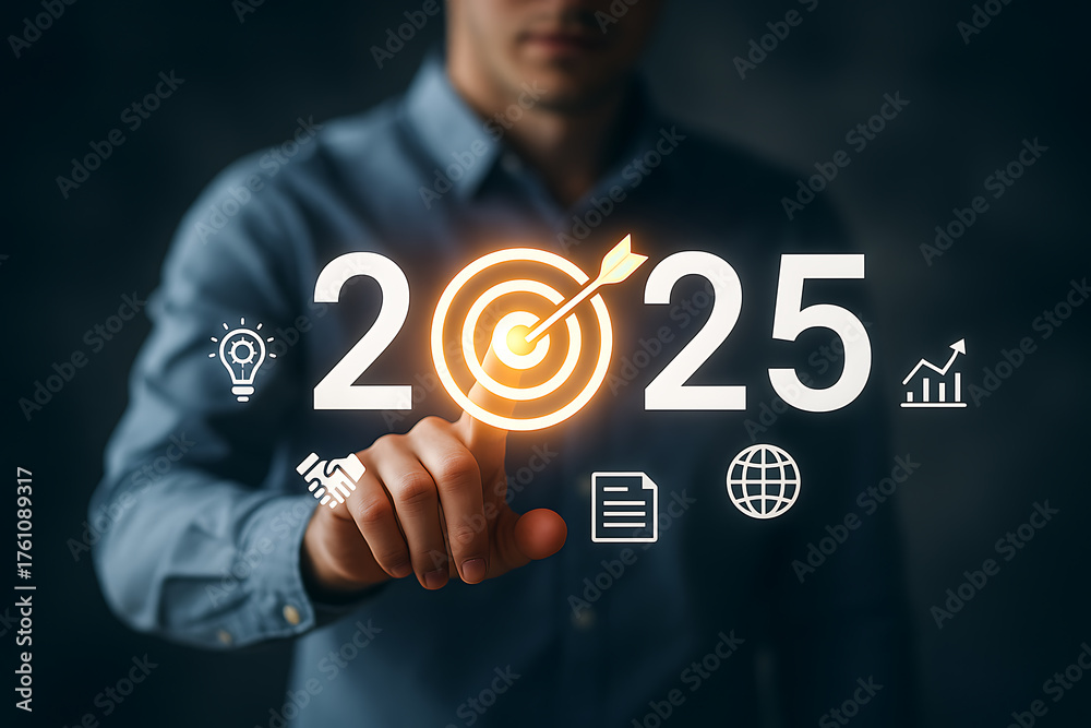 Strategic planning for 2025 with businessman pointing at glowing target ...
