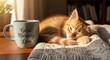 © MONIRANI - Cute orange kitten sleeping next to a mug with good morning love text