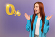 © New Africa - Zero commission. Surprised woman looking at 0 percent sign against violet gradient background