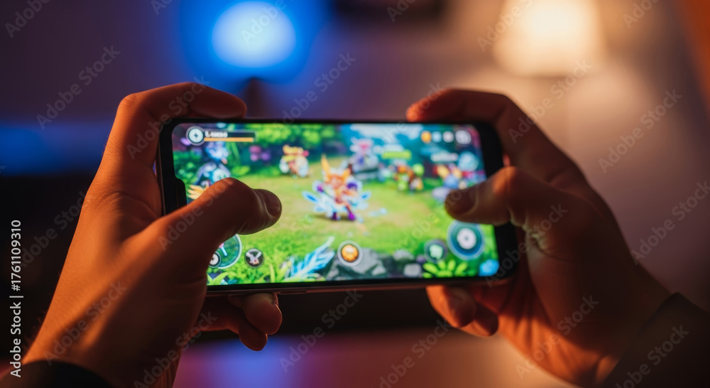 Person holding smartphone playing mobile game with fantasy characters ...