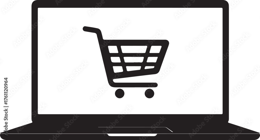 Black and white icon of a laptop displaying a shopping cart symbol on a white background computer also transparent background